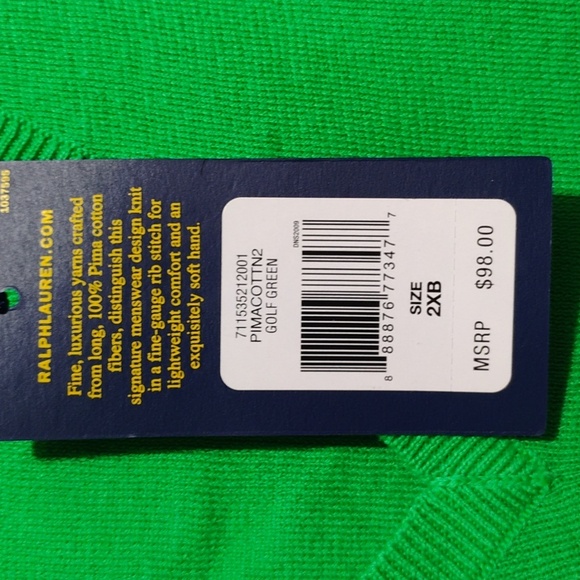 NWT Polo Ralph Lauren Pima Cotton Green Sweater Vest Sz.2XB - Picture 5 of 13